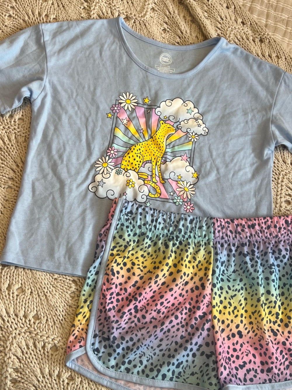 wonder nation Light Blue Pajama Set with Rainbow Leopard Shorts